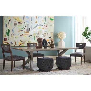 HC8569-70 Freya Table shown in optional Lynx finish, HC8535-12 Half Moon Side Chair with Hand Painted
Sabots shown in standard Truffle finish with Solid Light Gold Painted Sabots and
HC8691-70 Maxime Console Base in optional Weathered White paint with HC8691-80
Maxime Stone Top.
