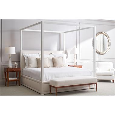 HC1355-10 Normandy Bed shown in HC703-13 fabric and Dove White finish; HC1321-51-3 Laurent M2M Bench shown in 63"W with HC703-13 fabric and Toffee finish; HC1584-70 West Paces Nightstand shown in Tawny finish with Golden Brass hardware and HC1302-24 Garroux Chair shown in HC2393-10 fabric and Toffee finish.