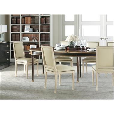 Room Scene: HC1543-70 Choate Dining Table shown in Dark Walnut finish with Antique Rub Light Gold striping and HC1552-02 Amsterdam Side Chair shown in COM fabric and Antique Ivory finish.