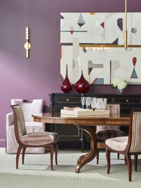 HC2444-76 Mercer Dining Table shown in Truffle finish, HC7648-23 Phoebe Dining Chair shown in fabric HC4014-02, HC5351-02 LeeLee Side Chair shown in fabric HC445-03 with Dark Walnut finish and HC5245-71W Jefferson Sideboard shown in Kohl finish.