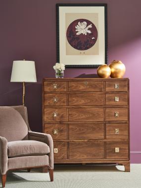 HC272-70 Mylan Gentleman's Chest shown in Chestnut finish and HC9507-24 Giles Chair shown in fabric HC211-85 and Dark Walnut finish
