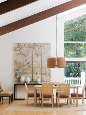 Room Scene:  HC3091-70 Dennis Console shown in optional combination of Truffle finish with interior and base in Patina metal leaf, HC3079-51 Costigan M2M® Dining Table shown in Scrubbed Ash finish, HC3009-02 Mariette Cane Back Dining Chair shown in Scrubbed Ash finish and in PE9055-15 leather and HC3009-12 Mariette Upholstered Back Dining Chair shown in  standard Truffle finish and in HC318-82 fabric.