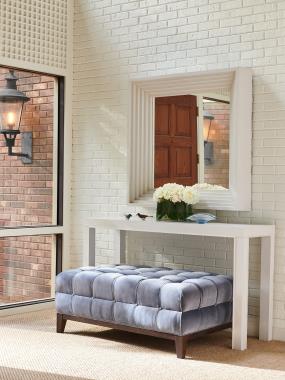 Room Scene: HC3079-51 Costigan M2M® Console Table shown in optional Chalk paint, HC3013-53 Tim M2M® Cocktail Ottoman shown as W48 x D32 in optional Ebony finish and in fabric HC211-33