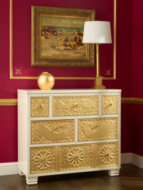 Room Scene: HC4087-71 - Carved Chest shown in Cream Lacquer finish with Gold Leaf on drawer fronts and COH® Hardware - (B1) Brass Knob. 