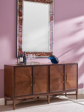 Room Scene: HC4600-70C2 Textures 4 Door Credenza with (F11) Radial Walnut door, (XS) Stretcher Base, Customers Own Hardware, (P2) Centered 
on Inner Edge and Truffle finish.
