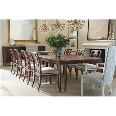 Room Scene: HC4606-02 - Violin Dining Side Chair shown in HC490-31 fabric with Truffle finish; HC140-71 - Artisan Chamfered Dining Table shown in Truffle finish; HC1904-11 – Fisk Chair shown in HC489-32 fabric with Cream Linen finish and HC5245-70S - Jefferson Sideboard with Stone Top shown in Truffle finish.