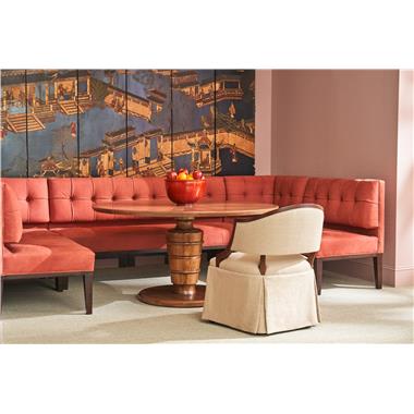 HC6440-70B/70T Eugena Dining table shown in Chestnut finish, HC3012-51/HC3012-49 Dominick Banquette shown in fabric HC142 with Espresso finish and HC132-01 Kennis Skirted Dining Chair/Game Chair shown in fabric HC2399-16 with Espresso finish.