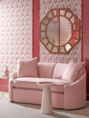 Room Scene:  HC6701-72 Ariele Sofa shown in COM Body Fabric and HC442-09  Optional welt in Chestnut finish; HCP285-STK Alina Spot Table; HCP293-STK Martina Spot Table and HCP294-STK Minka Spot Table.