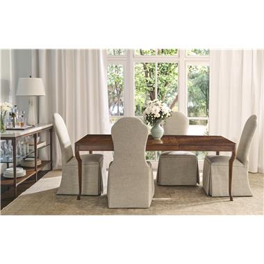 Room Scene: HC739-70 Hoof Dining table shown in Chestnut finish; HC710-02 Lemont Side Chair shown in HC301-30 fabric and HC299-70 Huxley Console/Bar shown in Chestnut finish.