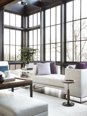Room Scene:   HC7203-84 Tete-a-Tete Chaise shown with standard Browned Steel base with Bronze feet and Body Fabric HC4544-16, (2) 22” throw pillows in COM and (2) 20” throw pillows in COM, HC7277-10 Barstock Tray Table shown in optional Truffle finish, HC7204-53 Zaftig M2M Stool shown in standard Truffle finish and in  HC110 leather, HC7282-70 Lamina End Table shown in optional Weathered White paint,  HC7209-21 Box Back Bergere with Dressmaker Skirt shown in HC2947-11 fabric with standard kidney pillow in  HC177-34 fabric and HC7288-10 Diad Drink Table shown in Diad finish.