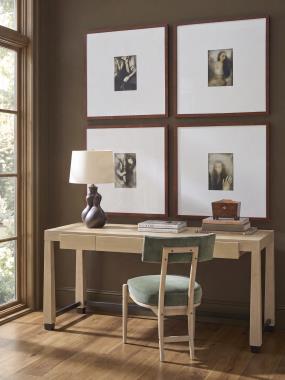 Room Scene: HC8238-70 Orson Desk shown in Ecru finish and HC7239-02 Klio Dining Chair shown in HC3087-62 fabric and Ecru finish with Brown Steel Accents.