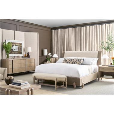 Room Scene: HC7273-K - Auvie King Bed shown in HC3118-18 fabric with Ecru finish; HC7273-KC - Auvie King Headboard Quilted Cover shown in HC2658-16 fabric; HC7239-30 - Lucas Bench shown in PE9171-91 leather with Ecru finish; HC7230-27S - Ferris Skirted Swivel Chair shown in HC3601-12 fabric; HC7253-70 - Jaxon Dresser shown in Ecru finish; HC7251-70 - Jace Nightstand -1 Drawer shown in Ecru finish and HC7300-70 - Wyatt Cocktail Table shown in Ecru finish.