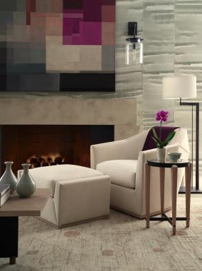 Room Scene:  HC7302-27 - Aiden Swivel Chair shown in HC140 leather with PE1147-91 fabric on seat cushion the throw pillow is in a COM fabric with Ecru finish; HC7302-29 - Aiden Ottoman shown in HC140 leather with PE1147-91 fabric on seat cushion with Ecru finish and HC7258-70 - Arlo Spot Table shown in Ecru finish.