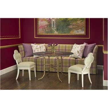 Room Scene: HC7632-51-5 - Elena M2M Banquette shown in PE7222-22 fabric with (4) Optional 24” throw pillows in PE8027-91 and HC235-08 fabric; HC7632-49 - Elena Corner Chair shown in PE7222-22 fabric; HCP9121-48-STK – Bask Table with 48” Glass Top and HC1516-23 – Alexandra Chair shown in HC272-32 fabric with Weathered White finish.