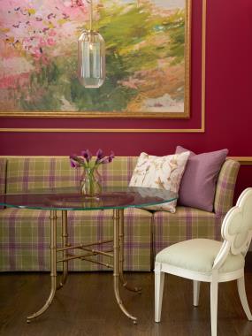Room Scene: HC7632-51-5 - Elena M2M Banquette shown in PE7222-22 fabric with (4) Optional 24” throw pillows in PE8027-91 and HC235-08 fabric; HC7632-49 - Elena Corner Chair shown in PE7222-22 fabric; HCP9121-48-STK – Bask Table with 48” Glass Top and HC1516-23 – Alexandra Chair shown in HC272-32 fabric with Weathered White finish.