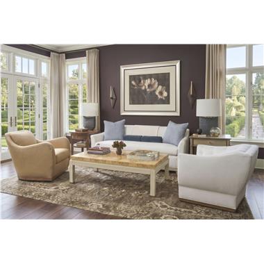 Room Scene: HC8520-86 Heath Sofa shown in HC480-10 fabric with throw pillows in HC4544-32 fabric & optional bolsters in HC2948-34 fabric and Birch finish; HC8531-27 Luca Swivel Chair shown in HC339-83 fabric with Chestnut finish; HC8537-27 Jean Swivel Chair shown in HC480-10 fabric and Chestnut finish; HC8557-70 Zeen Cocktail Table shown in Birch finish on base Clear Coat on top; HC8583-70 Beatrice Side Table shown in Truffle finish and HC8666-70 Thora End Table shown in Weathered Stone finish and COH hardware.