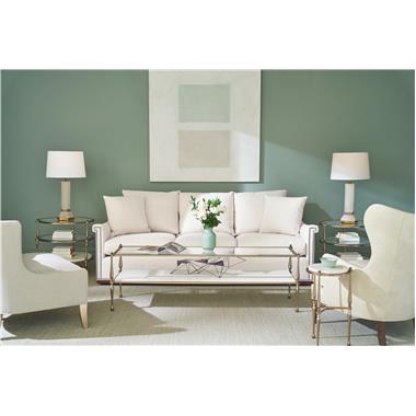 HC9509-S2 Jules Sofa shown with AR4 Arm, BX Back Cushion, B5 Base, fabric HC2331-11, Petite Antique Nickel nail trim, Dark Walnut finish: HCP9160-STK Kelli Cocktail Table shown in Kelli White Bronze metal finish; HCP9161-STK Kelli Round End Table shown in Kelli White Bronze metal finish; HCP9162-STK Kelli Spot Table shown in Kelli White Bronze metal finish; HC3007-55 Jim Wing Chair shown in leather HC3004-92 with Truffle finish and PE220-00 Pat Chair shown in fabric HC4023-61 with Patina Leaf finish. 