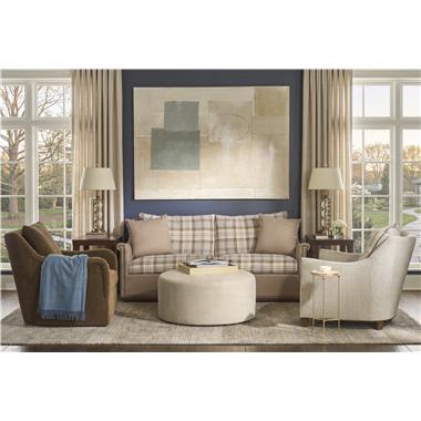 Room Scene: HC9509-S1 Jules Mid Sofa -(AR4) Key Arm, (B5) Wood Trim Base, 
(BX) Box Border shown in 235-82 body/throw pillow fabric with Back/Seat cushion in HC451-84 fabric and Natural nail trim and Java finish, HC9509-SW Jules Swivel Chair - (AR3) Saddle Arm, (B3) Uph. Base Swivel, (KE) Knife Edge Weltless shown in HC3118-88 fabric, HC9509-CH - (AR5) Flare Arm, (PC) Pleat Corner Welt, 
(B2) Tapered Leg Base shown in HC470-86 fabric with HC3118-88 welt and Java finish, HC130-30 Saturn Round Ottoman shown in HC470-86 fabric and HC4751-51 Tessa M2M End Table shown in Tortoise finish.