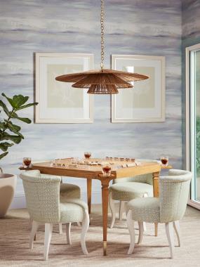 Room Scene: HCP288-STK Quincy Game Table and HC5204-23 Julia Dining Chair shown in HC700-72 fabric and Dove White finish.