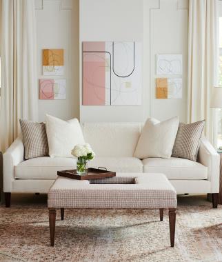 PE6719-30 Harper Sofa with Tapered Legs with PE6742-50 Max Square Cocktail Ottoman Room Scene