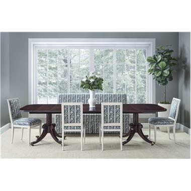 Room Scene: HC2476-70 Newport Pedestal  Bases, HC2470-70 Baltimore Table Top shown in Medium Mahogany finish, HC1552-02 Amsterdam Side Chair shown in HC810-36-LIBERTY fabric and Antique Ivory finish, HC7635-51 Bistro M2M Banquette shown in HC810-36-LIBERTY fabric and Antique Ivory finish.