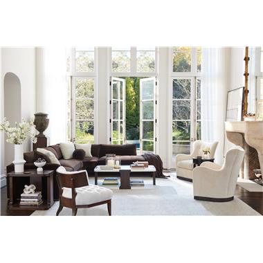 Room Scene: HC3421-45 Marquesa LAF Sofa, HC3421-48 Marquesa RAF Bumper, HC3421-50 Marquesa Curve Corner with Back all shown in fabric HC261-89 and in standard Ebony finish; HC3449-70 Zitelli Side Table shown in optional Espresso finish, HC3448-70 Zitelli Cocktail Table shown in optional combination of Dove White top and shelf with posts in Espresso finish, HC3408-23 Carlyle Chair shown in fabric HC327-11 and in standard Truffle finish, HC3430-27 Kacey Swivel Chair shown in fabric HC369-12 and in standard Espresso finish and HC3485-70 Caitlin Table shown
in optional Java finish.