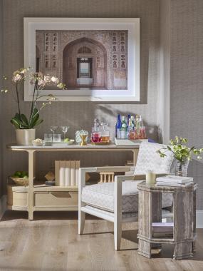 Room Scene: HC3434-70 Dunbar Console shown in Ecru finish; HCP3494-STK Christina Accent Table and Hc3427-23 Griswold Chair shown in COM Kravet 37657.106 Mizner Beige fabric with HC930 leather on arm caps and Chalk finish.