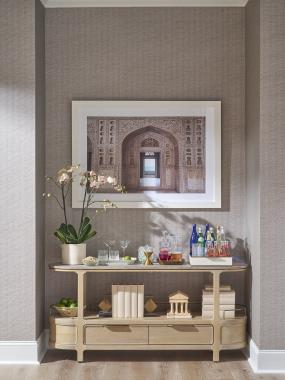 Room Scene: HC3434-70 Dunbar Console shown in Ecru finish.