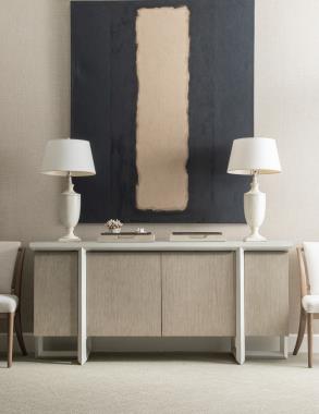 Room Scene: HC3446-STK Hatton Credenza ONLY available as shown in a 2-toned finish inspired by our Lynx and Chalk paints and HC3429-23 Salmore Side Chair, fabric HC191-10, shown in Weathered Stone finish.