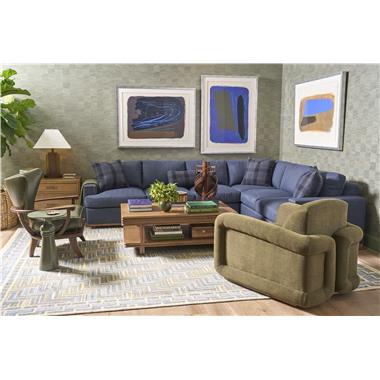 Room Scene: HC3500-27 El Dorado Swivel Chair shown in HC497-75 fabric and Chestnut finish; HC3430-70 Addison Cocktail Table shown in Chestnut finish; HC3403-45 Mark LAF Sofa / HC3403-57 Mark RAF Corner Sofa shown in HC2702-37 fabric with HC519-37 fabric on throw pillows and Chestnut finish; HC3514-70 Rooney 3 Drawer Nightstand shown in Chestnut finish; HC3523-70 Priscilla Accent Table shown in optional match panel Benjamin Moore CC-570 finish and HC3426-23 Delfern Chair shown in HC146 leather and Chestnut finish.
