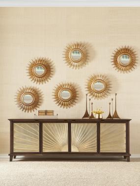 HC6447-70 Brandywine 4-Door Credenza shown in optional combination 
of standard Truffle finish with optional Patina finish doors, HC8020-02 Jan 
Rectangular Tray and HC6498-10 Lammot Mirror