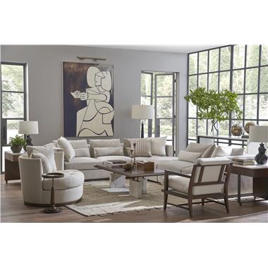 Room Scene: HC7224-11 Serge Sofa/ HC7224-43 Serge RAF Love Seat/ HC7224-30 Serge Backless Chair shown in optional Java finish and in fabric HC297-60, 
HC7279-10 Block Cocktail Table and HC7285-10 Strut Side Table shown in
standard Truffle finish, HC7294-70 Ternary Side Table shown in optional Dark
Walnut finish, HC7228-27 Cask Swivel Chair shown in fabric HC2399-14,
HC7288-10 Diad Drinks Table shown in standard Diad finish, HC7291-70 Weir
72-inch Console Table shown in optional Chalk paint and HC7221-22 Ossein
Chair shown in fabric HC362-11 and optional Java finish.