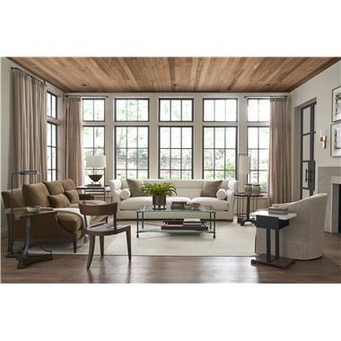 Room Scene: HC7225-08 Questa Sofa shown in fabric HC320-10 and standard throw pillows shown in COM fabric, HC7231-33 Peg Chair shown in standard
Peg Truffle finish, HC7226-88 Denis Sofa shown in optional Java finish, in
fabric HC2948-27 and standard throw pillows in HC2948-27 fabric, HC7230-
27S Ferris Swivel Chair with Skirt shown in HC2658-16 fabric, HC7278-10
Campaign Cocktail Table shown in standard finish, HC7382-10 Brace Drink
Table, HC7383-10 Tilda Side Table and HC7381-10 Treble Side Table all
shown in standard Truffle finish.
