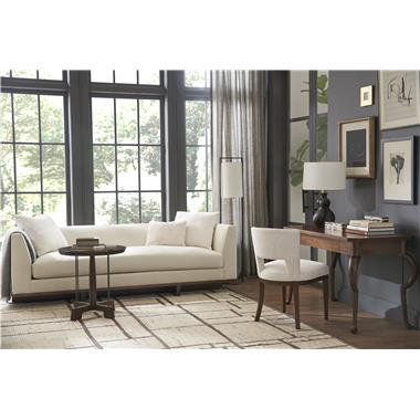 Room Scene:  HC7248-10 Adele Desk shown in standard Truffle finish, HC7227-90 Boden Sofa shown in optional Java finish and in fabric HC328-10, HC399-14 Finback Side Chair
shown in optional Java finish and in fabric HC311-10 and HC7383-10 Tilda
Side Table shown in standard Truffle finish.