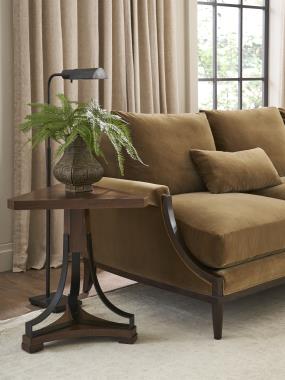 Room Scene: HC7226-88 Denis Sofa shown in optional Java finish, in fabric HC2948-27 and standard throw pillows in COM fabric and HC7381-10 Treble Side Table shown in standard Truffle finish.