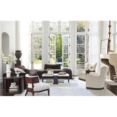 Room Scene: HC3421-45 Marquesa LAF Sofa, HC3421-48 Marquesa RAF Bumper, HC3421-30 Marquesa Curve Corner without Back all shown in fabric HC261-89 and in Ebony finish; HC3449-70 Zitelli Side Table shown in Espresso finish, HC3448-70 Zitelli Cocktail Table shown in optional combination of Dove White top and shelf with posts in Espresso finish, HC3408-23 Carlyle Chair shown in fabric HC327-11 and in Truffle finish, HC3430-27 Kacey Swivel Chair shown in fabric HC369-12 and in Ebony finish and HC3485-70 Caitlin Table shown
in Java finish.